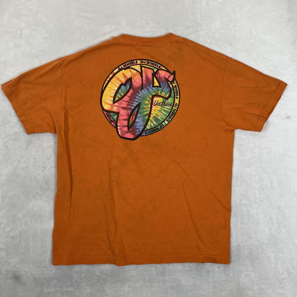 Vintage NHS OJ Wheels T-Shirt Mens XL Orange Tie Dye Logo Skateboard